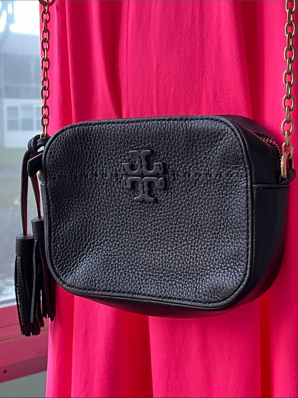 Tory Burch Navy Pebbled Leather Tassel Crossbody with Gold Chain